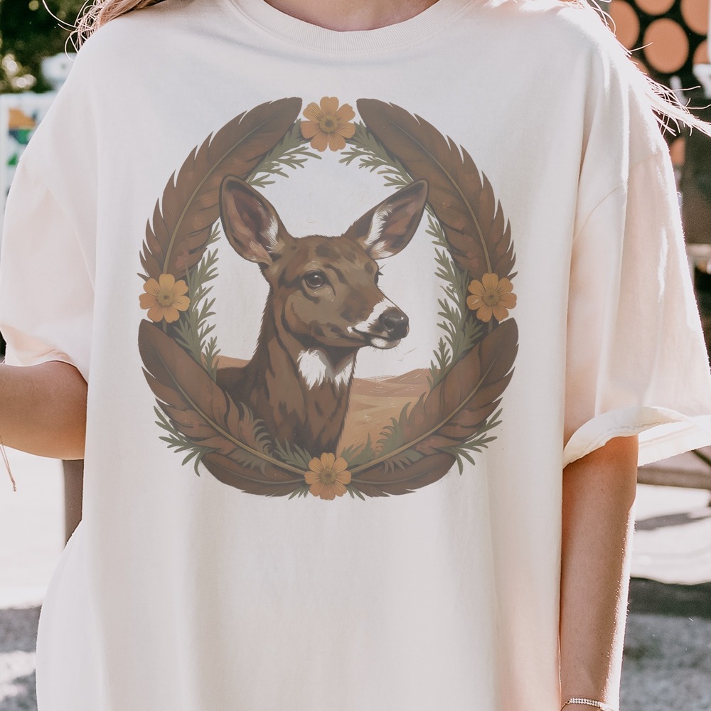 Doe Framed in a Feather and Wildflower Wreath Tee